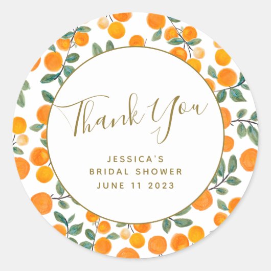 ウォーターカラーオレンジシトラスカスタムブライダルシャワー ラウンドシール (正面)