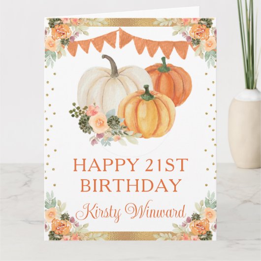 ウォーターカラーオレンジフローラカボチャ誕生日 カード (正面)