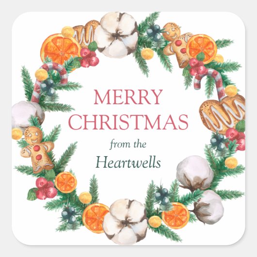 ウォーターカラーオレンジホリデーリースメリークリスマス スクエアシール (正面)