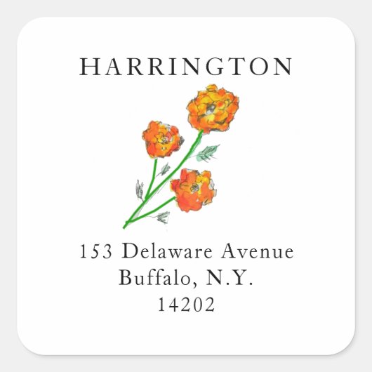 ウォーターカラーオレンジマリゴールドかわいらし差出人住所 スクエアシール (正面)