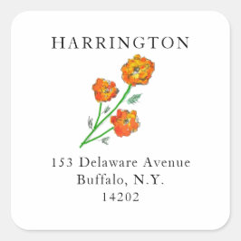 ウォーターカラーオレンジマリゴールドかわいらし差出人住所 スクエアシール