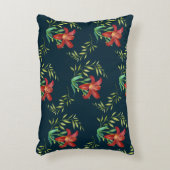 ウォーターカラーオレンジリリーイラストレーションダークターコイズ アクセントクッション (正面(垂直))