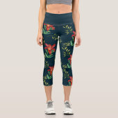 ウォーターカラーオレンジリリーイラストレーションダークターコイズ カプリレギンス (正面)