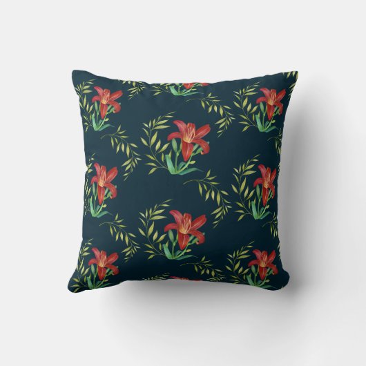 ウォーターカラーオレンジリリーイラストレーションダークターコイズ クッション (裏面)