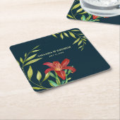 ウォーターカラーオレンジリリーイラストレーションダークターコイズ スクエアペーパーコースター (アングル)