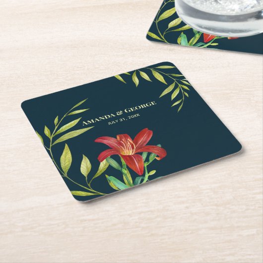 ウォーターカラーオレンジリリーイラストレーションダークターコイズ スクエアペーパーコースター (アングル)