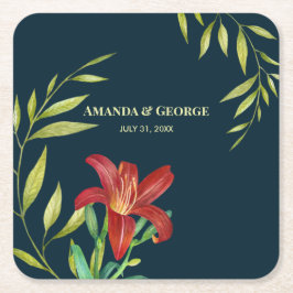 ウォーターカラーオレンジリリーイラストレーションダークターコイズ スクエアペーパーコースター