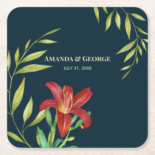 ウォーターカラーオレンジリリーイラストレーションダークターコイズ スクエアペーパーコースター (正面)