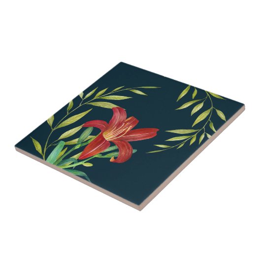 ウォーターカラーオレンジリリーイラストレーションダークターコイズ タイル (側面)