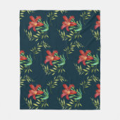 ウォーターカラーオレンジリリーイラストレーションダークターコイズ フリースブランケット