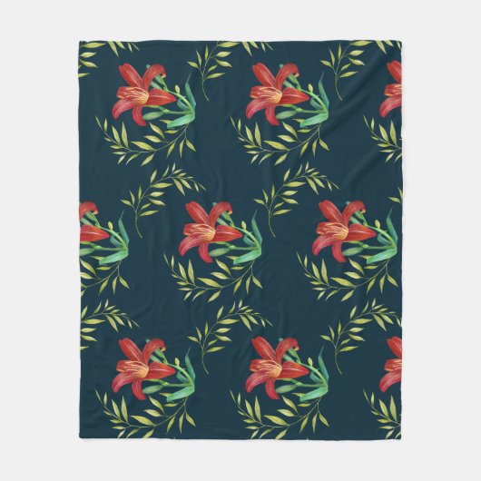 ウォーターカラーオレンジリリーイラストレーションダークターコイズ フリースブランケット (正面)