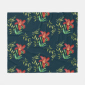 ウォーターカラーオレンジリリーイラストレーションダークターコイズ フリースブランケット