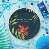 ウォーターカラーオレンジリリーイラストレーションダークターコイズ ペーパープレート (パーティー)