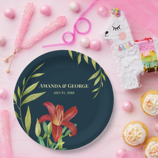 ウォーターカラーオレンジリリーイラストレーションダークターコイズ ペーパープレート (パーティー)