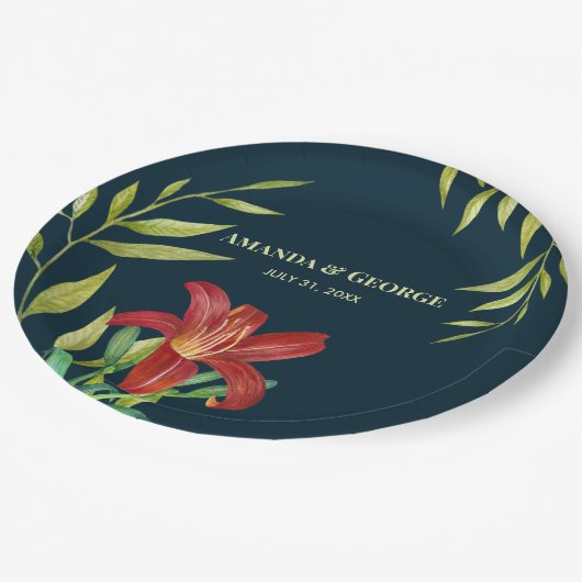 ウォーターカラーオレンジリリーイラストレーションダークターコイズ ペーパープレート (アングル)