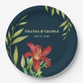 ウォーターカラーオレンジリリーイラストレーションダークターコイズ ペーパープレート (正面)