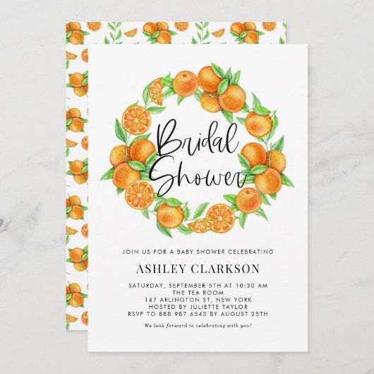 ウォーターカラーオレンジリースサマーブライダルシャワー 招待状 (正面/裏面)