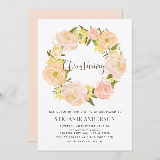 ウォーターカラーオレンジ牡丹リース《キリスト教》洗礼式や命名式 招待状 (正面/裏面)