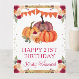 ウォーターカラーオレンジ&レッドフローラカボチャ誕生日 カード