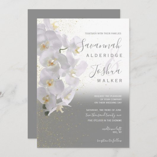 ウォーターカラーオーキッド結婚式招待状Iグレー 招待状 (正面/裏面)