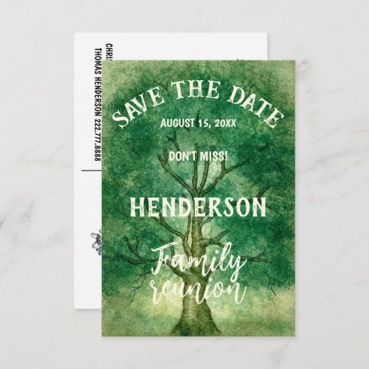 ウォーターカラーオークツリーレトロ素朴ファミリー懇親会 セーブザデート (正面/裏面)
