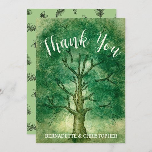 ウォーターカラーオークツリー素朴レトロフォレ結婚スト サンキューカード (正面/裏面)