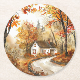 ウォーターカラーオータムコテージコースター ラウンドペーパーコースター