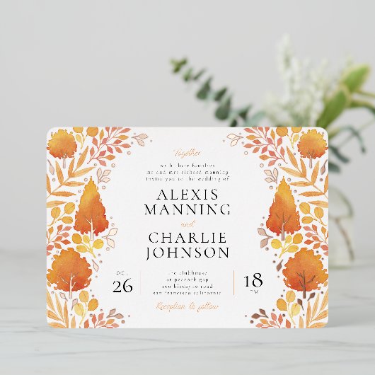 ウォーターカラーオータムフォレスト秋の結婚式招待状 箔招待状 (立ち正面)