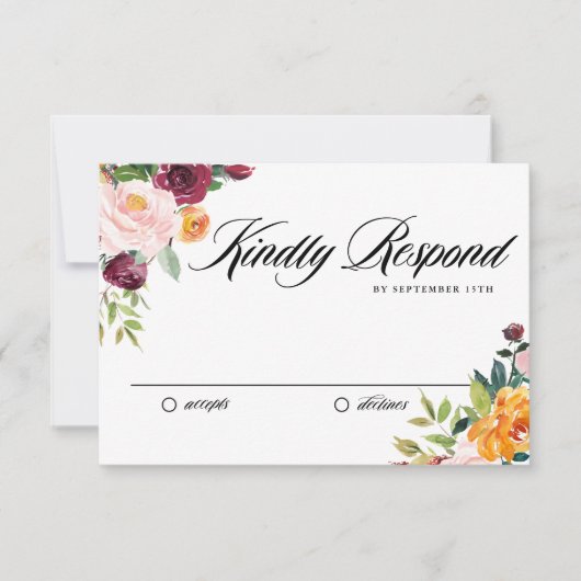 ウォーターカラーオータム開花ブーケ秋の結婚式 出欠カード (正面)