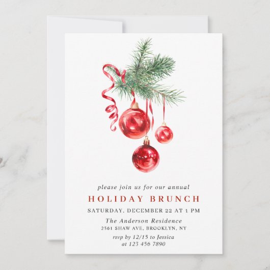 ウォーターカラーオーナメントクリスマスホリデーブランチ 招待状 (正面)