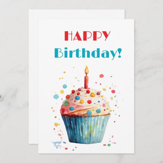 ウォーターカラーカップケーキハッピーバースデー シーズンカード (正面/裏面)
