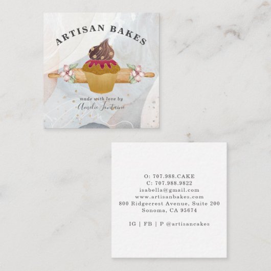 ウォーターカラーカップケーキベーカリーパティシシェフ スクエア名刺 (正面/裏面)