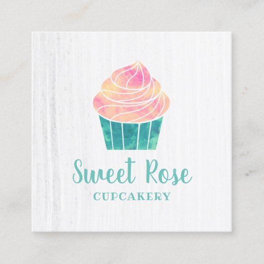ウォーターカラーカップケーキベーカリーパティストリーホームメイドデザート スクエア名刺 (正面)