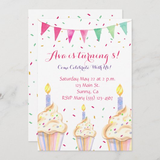 ウォーターカラーカップケーキ誕生日招待状 招待状 (正面/裏面)