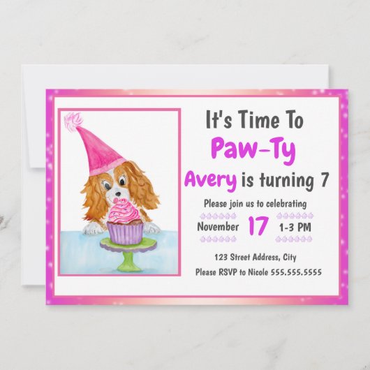 ウォーターカラーカバリヤキングチャールズカップケーキ誕生日 招待状 (正面)