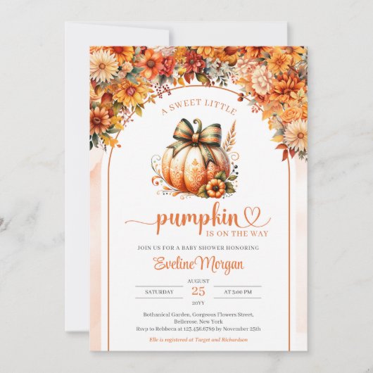 ウォーターカラーカボチャ秋の花のアーチ 招待状 (正面)