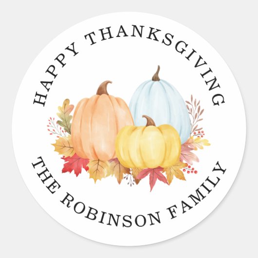 ウォーターカラーカボンプキンス名前をカスタムするハッピーサンクスギビング ラウンドシール (正面)