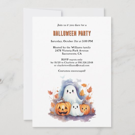 ウォーターカラーカボンプキンス幽霊ハローウィンパーティ 招待状 (正面)