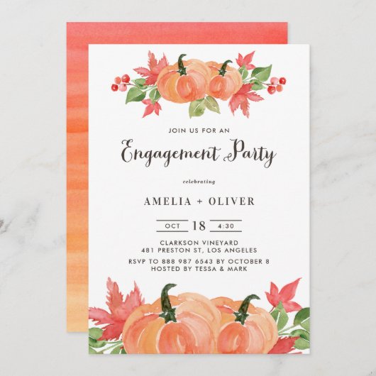 ウォーターカラーカボンプキンズオータム婚約パーティ 招待状 (正面/裏面)