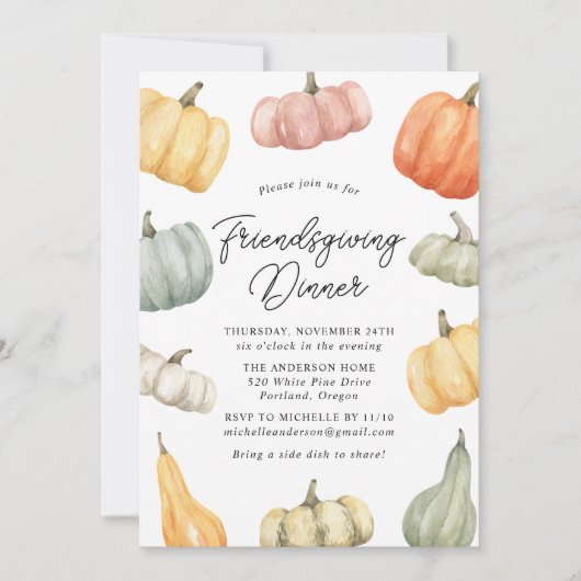 ウォーターカラーカボンプキンフレンドリジェングディナー招待状 招待状 (正面)