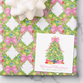ウォーターカラーカラフルピンクボウクリスマスツリー ノートカード