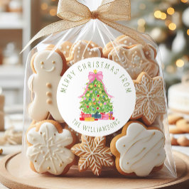 ウォーターカラーカラフルピンクリボンクリスマスツリー ラウンドシール