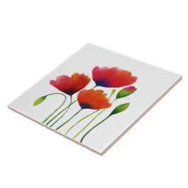 ウォーターカラーカラフルポピーデザイン タイル