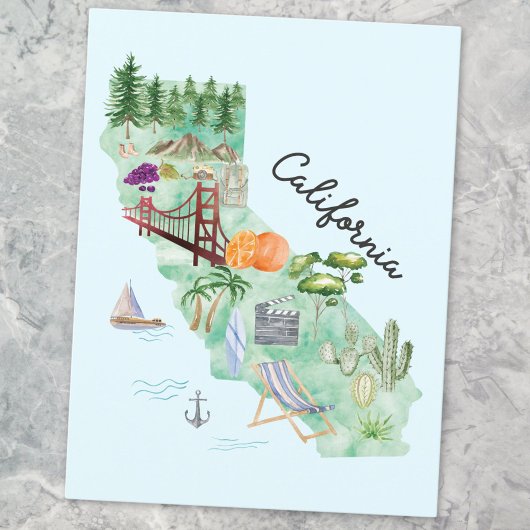 ウォーターカラーカリフォルニア州アートマップ ポストカード