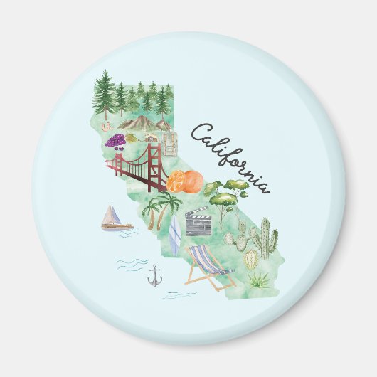 ウォーターカラーカリフォルニア州アートマップ マグネット (正面)