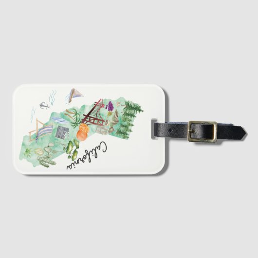 ウォーターカラーカリフォルニア州アートマップ ラゲッジタグ (正面横)