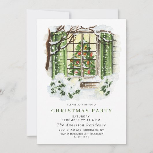 ウォーターカラーカントリーホリデーハウスクリスマスパーティー 招待状 (正面)