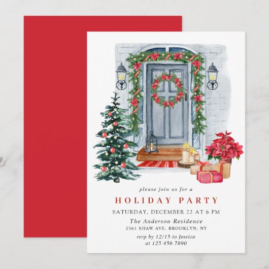 ウォーターカラーカントリーホリデーハウスクリスマスパーティー 招待状 (正面/裏面)