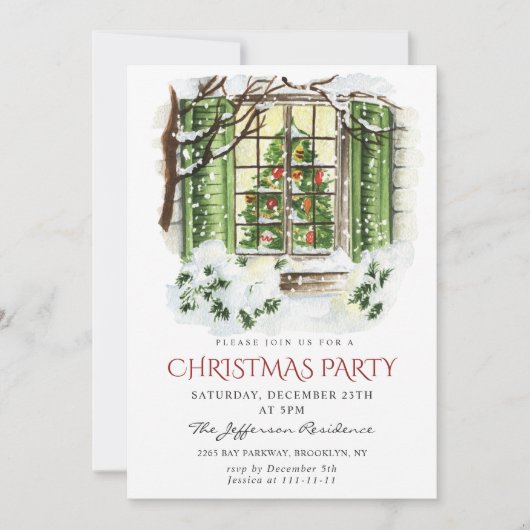 ウォーターカラーカントリーホリデーハウスクリスマスパーティー 招待状 (正面)