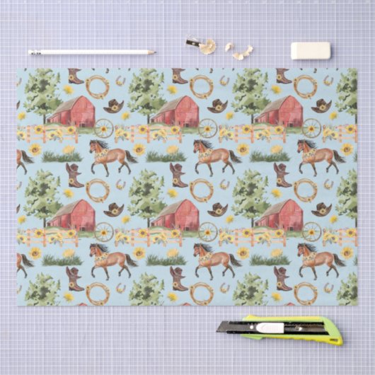 ウォーターカラーカントリーホースファームレッドバーンロデオ 薄葉紙 (クラフト)